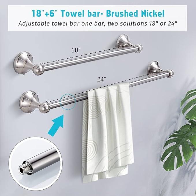 4 Piece Bathroom Accessory Set(Adjustable Towel Bar, Towel Ring, Toilet Paper Holder,Towel Hook), Wall Mounted Bathroom Hardware Accessories Set,Brushed Nickel - ModernBath