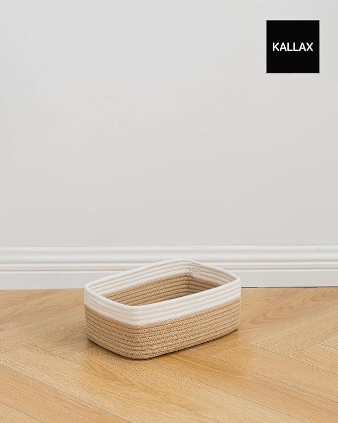 Small Woven Basket, 12 x 8 x 4.5 Inches, Storage Basket for Organizing, Cute Small Rope Shelf Closet Cube Storage Bins Baskets for Shelves, Dog Toy Gift Baskets Empty, 3 Pack White & Brown - ModernBath
