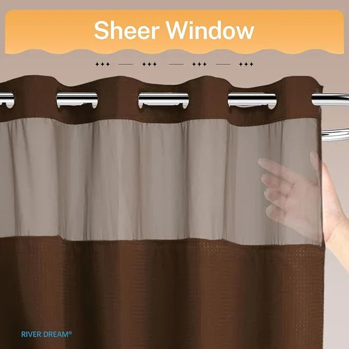 River Dream No Hooks Required Dotted Brown Shower Curtain with Snap in Liner - 71" W x 74" H,Hotel Grade,Spa Like Bath Curtain - ModernBath