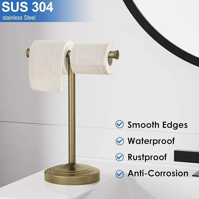 RUMOSE 13 Inch Antique Brass Towel Bar Stand Hand Holder Bathroom Kitchen Vanity Countertop T-Shape Towel Rack Free Standing Stainless Steel - ModernBath