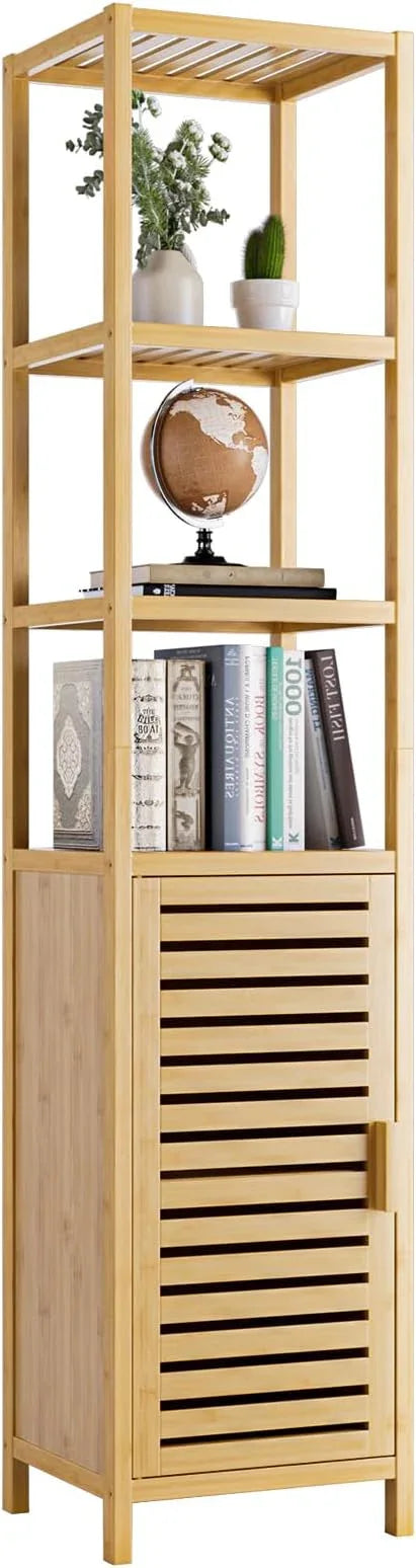 HITNET Bathroom Floor Cabinet, 6 Tier Tall Thin Linen Tower Storage Cabinet Free Standing Bamboo, Kitchen Side Organizer with 3 Shelves and Cupboard, Natural - ModernBath