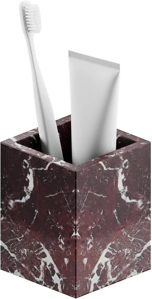 Marble Toothbrush Holder – 4.1" Genuine Stone Bathroom Cup for Makeup Brushes, Pens & Utensils | Natural Marble Organizer for Vanity, Countertop & Home Décor (Rosso Lepanto Red) - ModernBath