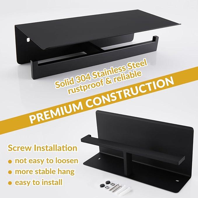 APLusee Matte Black Double Toilet Paper Holder with Shelf, 304 Stainless Steel Bathroom Tissue Roll Holder, Commercial Paper Dispenser Wall Mounted - ModernBath