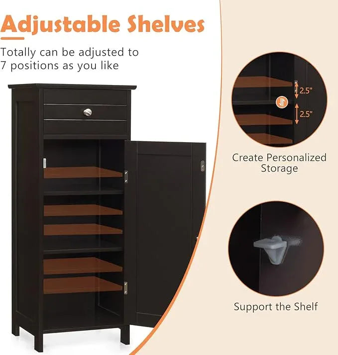 COSTWAY Bathroom Storage Cabinet, Single Door Floor Cabinet with Drawer and 3-Level Adjustable Shelves, Modern Side Storage Organizer with Anti-Tipping Device for Living Room, Bedroom (Brown) - ModernBath