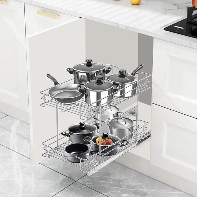 Fulgente Chrome Finish Pull Out Drawer Cabinet Organizer, Professional Wire Frame 2 Tier Heavy Duty Slide Out Kitchen Cabinet Storage Shelves, Sliding Drawer for Cabinet 11"W x 21"D - ModernBath