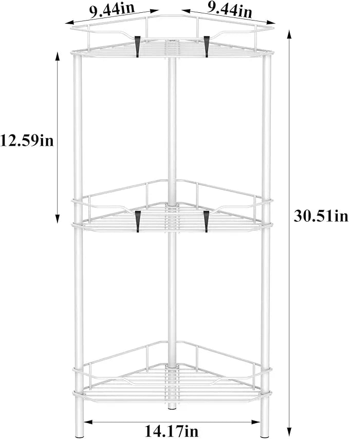 3 Tier Floor Standing Corner Shower Caddy Organizer Shelf with Hooks, Bathroom Shelves Stand Rack, White - ModernBath