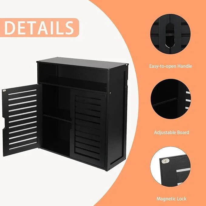 HYNAWIN Wall-Mounted Black Bathroom Cabinet with Double Doors, Bamboo Storage Shelf Organizer for Kitchen, Living Room, or Bathroom - ModernBath