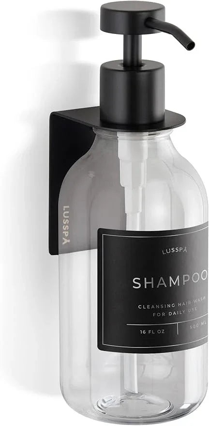 Shampoo & Conditioner Dispenser - Shower Soap Dispenser Wall Mounted - 16.9 Oz Plastic Bottle with Pump & Holder - Shampoo Dispenser - Shower Dispenser Chamber No Drill (1 X Clear/Black) - ModernBath
