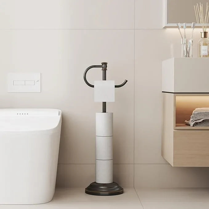 BESy Toilet Paper Holder Free Standing Bathroom Toilet Tissue Holder Stand for Floor Toilet Paper Roll Holder with Storage Hardware Accessories Rack Hand Towel Bar Oil Rubbed Bronze Stainless Steel - ModernBath