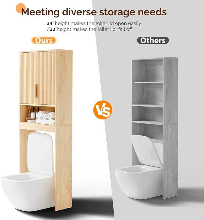 VINGLI Over The Toilet Storage Cabinet with Fluted Doors, Mid Century Modern Bathroom Organizer Over Toilet, Freestanding Wooden Space Saver Stand with Adjustable Shelves, Natural Oak - ModernBath