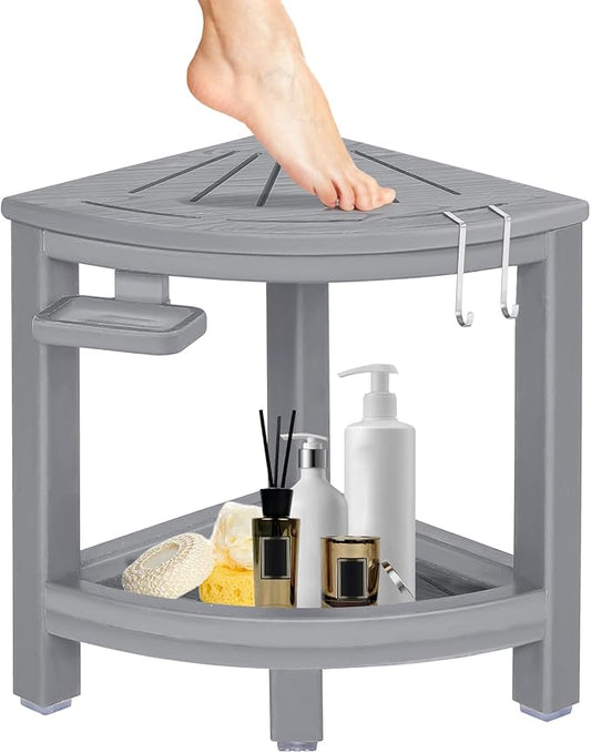 LOENIY 2-Tier Corner Shower Stool with Hooks & Soap Dish, HDPE Shower Bench for Shaving Legs, Wood-Like Shower Stool for Inside Shower with Non-Slip Foot Pads, Waterproof Shower Foot Rest (Grey)