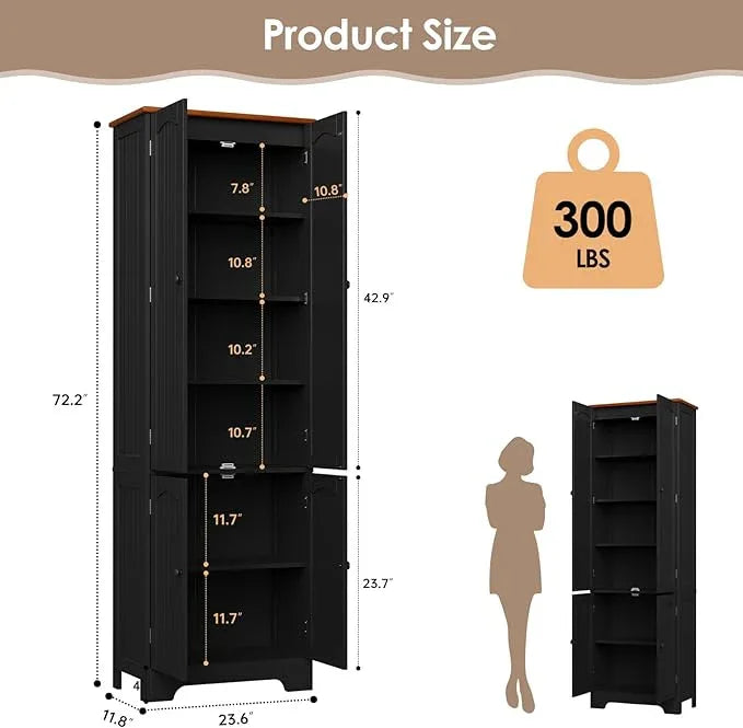 72.2'' Pantry - 4 Door Kitchen Cabinet with Adjustable Shelves, Freestanding Cupboard, Tall Storage Cabinets for Dining Room, Living Room, Laundry, Bathroom, Entryway, Black 2Pcs - ModernBath
