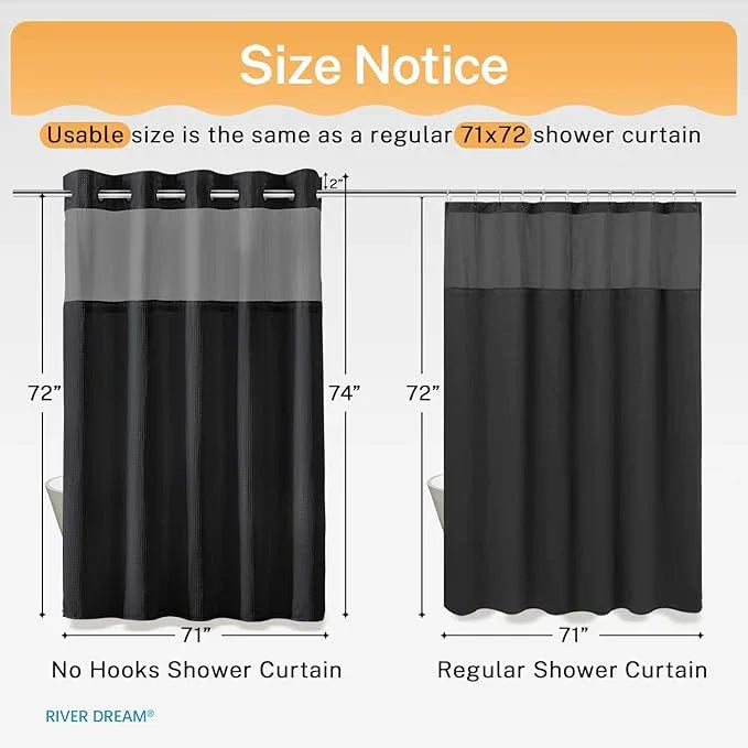 River Dream Black Shower Curain No Hooks Dotted Waffle Weave Shower Curtain with Snap in Liner - 71W x 74H,Hotel Grade,Spa Like Bath Curtain Set - ModernBath