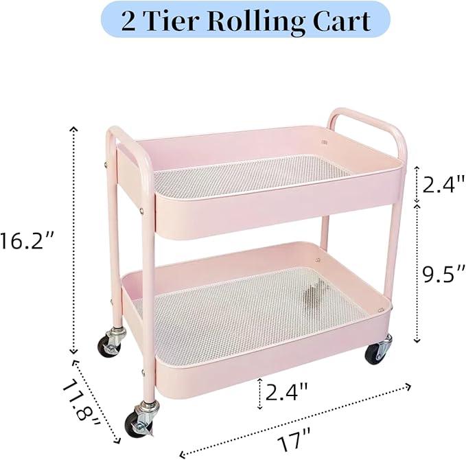2 Tier Pink Rolling Cart with Wheels for Under Desk Storage, Large Capacity Rolling Pantry & Kitchen Storage Cart for Small Space, Sturdy Metal Bathroom Shelf Laundry Room Organization - ModernBath