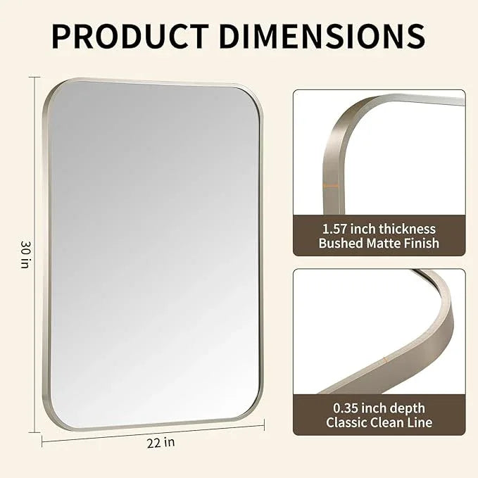 CLBA Brushed Nickel Mirror, 22x30 Inch Brushed Nickel Rectangle Mirror, Aluminum Alloy Framed Vanity Mirror, Rounded Rectangle Bathroom Mirror for Over Sink, Anti-Rust - ModernBath