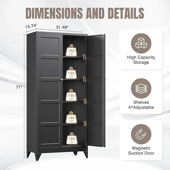 Yizosh Metal Storage Cabinet with 2 Doors and 4 Adjustable Shelves - 71" Black Kitchen Pantry Storage Cabinet,4-Tier Tall Steel Cabinet Locker for Living Room,Dining Room,Kitchen - ModernBath