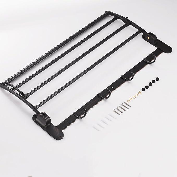 BESy 24 Inch Oil Rubbed Bronze Towel Racks, Bathroom Towel Shelf with Foldable Towel Bar Holder and Towel Hooks, Wall Mounted Multifunctional Bathroom Accessories, Double Towel Bars - ModernBath