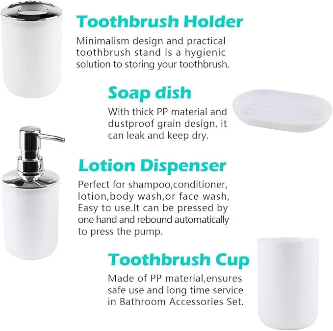 Papillon 6-Piece Bathroom Organization Set, Toothbrush Holder with Cup, Soap Dispenser & Dish, Toilet Brush, Trash Can, Tumbler Set (White) - ModernBath
