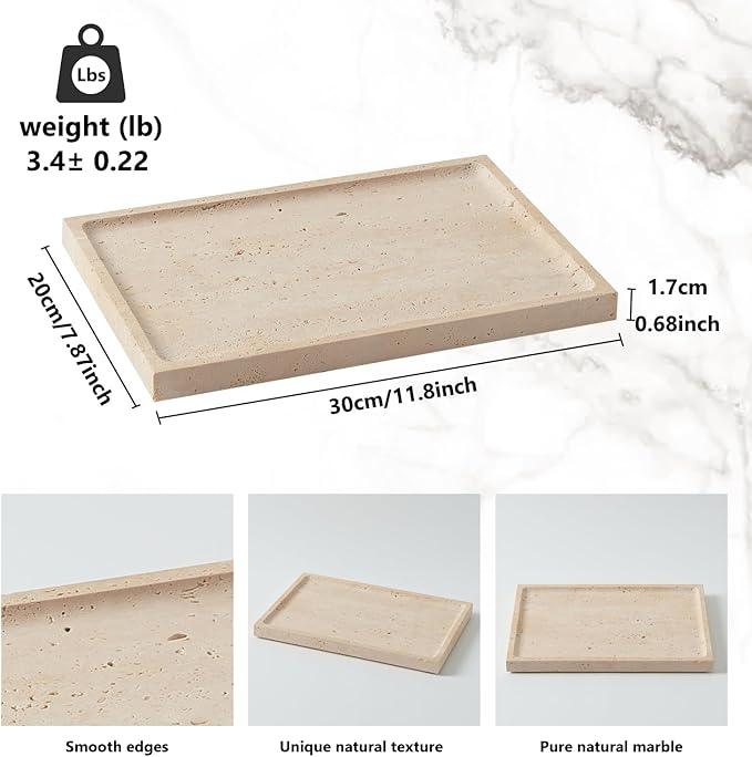 Real Luxurious Natural Travertine Tray - 12x8 Inch Marble Vanity Tray for Perfume Display, Jewelry Organizer, Bathroom & Home Decor -Heavy Duty Non-Slip Stone Tray (Non-Resin/Non-Ceramic) - ModernBath
