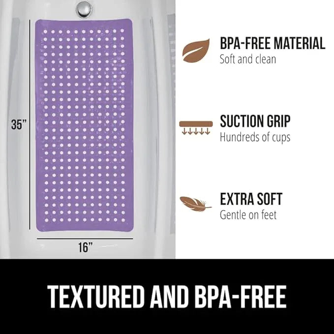 GORILLA GRIP Patented Bath Tub Shower Mat, Machine Washable Bathtub Floor Liner Mats, Suction Cups and Drain Holes to Keep Tubs Clean, Soft on Feet, Bathroom Essentials, 35x16 Inch, Purple Opaque - ModernBath