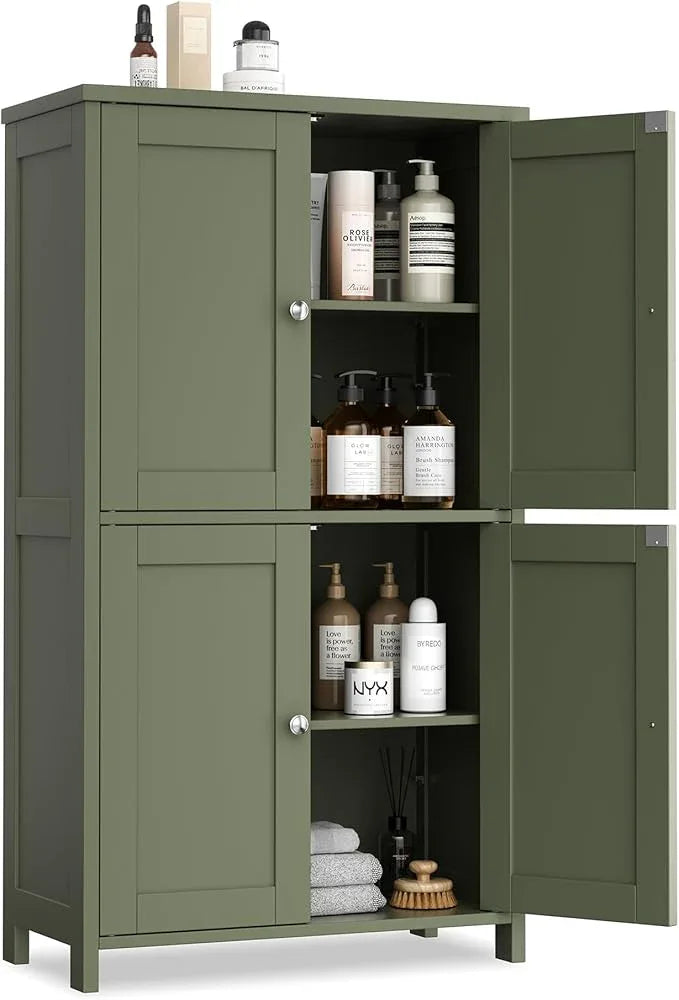 Vongrasig Modern Bathroom Storage Cabinet for Small Spaces: Slim Floor Cabinet with 4 Doors & Adjustable Shelves, Freestanding Organizer for Bathroom, Kitchen Corner, or Apartment Living Room, Green - ModernBath