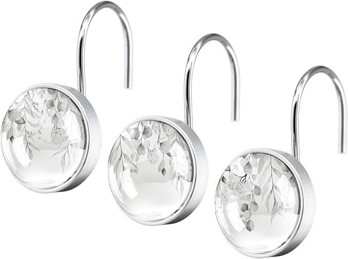 12 Pcs Round Grey Eucalyptus Decorative Shower Curtain Hooks - Rust Proof Glass Surface Stainless Steel Rings for Farmhouse Bathroom - ModernBath