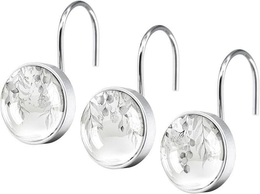 12 Pcs Round Grey Eucalyptus Decorative Shower Curtain Hooks - Rust Proof Glass Surface Stainless Steel Rings for Farmhouse Bathroom - ModernBath