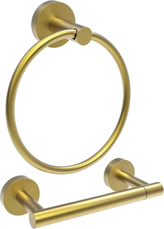 Gold Toilet Paper Holder & Towel Ring SUS304 Stainless Steel 2pc Bathroom Hardware Set with Double Post Pivoting Toilet Paper Roll Holder Wall Mount & Bathroom Towel Holder Set - ModernBath