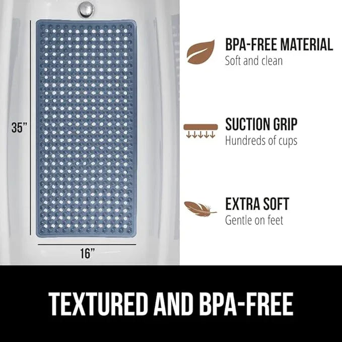GORILLA GRIP Patented Bath Tub Shower Mat, Machine Washable Bathtub Floor Liner Mats, Suction Cups and Drain Holes to Keep Tubs Clean, Soft on Feet, Bathroom Essentials, 35x16 Inch, Clear Navy - ModernBath