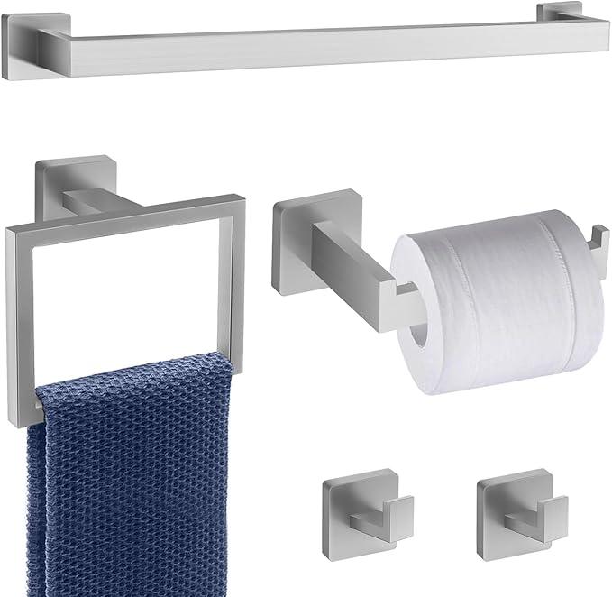 5 Piece Brushed Nickel Towel Bar Set Bathroom Hardware Set Brushed Nickel Bathroom Accessories Set with 2 Towel Hook, Stainless Steel Wall Mounted Bathroom Towel Rack Set Square 16-Inch - ModernBath