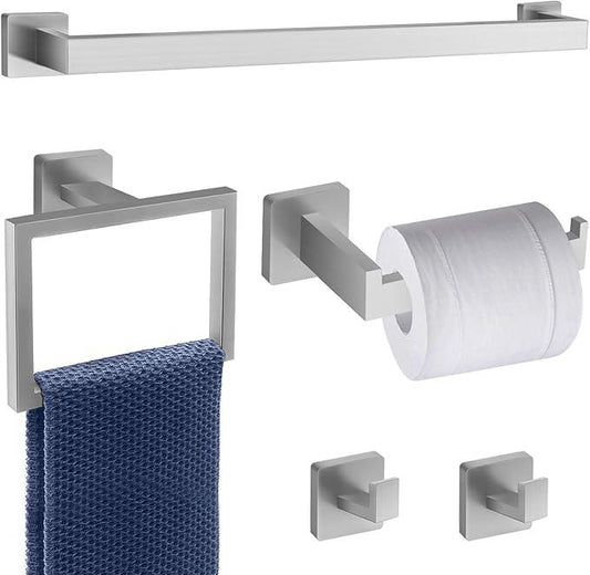 5 Piece Brushed Nickel Towel Bar Set Bathroom Hardware Set Brushed Nickel Bathroom Accessories Set with 2 Towel Hook, Stainless Steel Wall Mounted Bathroom Towel Rack Set Square 16-Inch - ModernBath