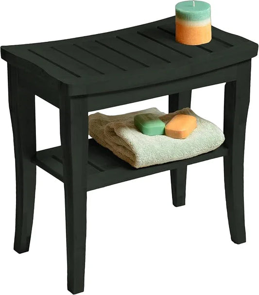 Bambüsi Bamboo Shower Bench Spa Stool - Wood 2-Tier Seat, Foot Rest Shaving Stool with Non-Slip Feet + Storage Shelf - Seat or Organizer for Bathroom, Living Room, Bedroom and Garden Décor (Black) - ModernBath