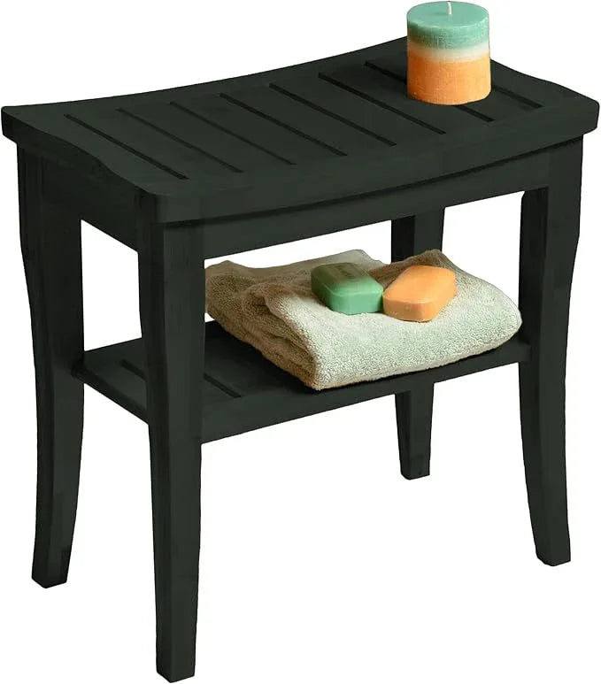 Black Shower Bench - Small Wooden Shower Stool with Storage Shelf, Non-Slip Bathroom Seat, Spa Decor Bath Bench, Foot Rest Shaving Stool for Shower, Indoor Outdoor Use, Great Gift Idea (17" x 9 x 17) - ModernBath