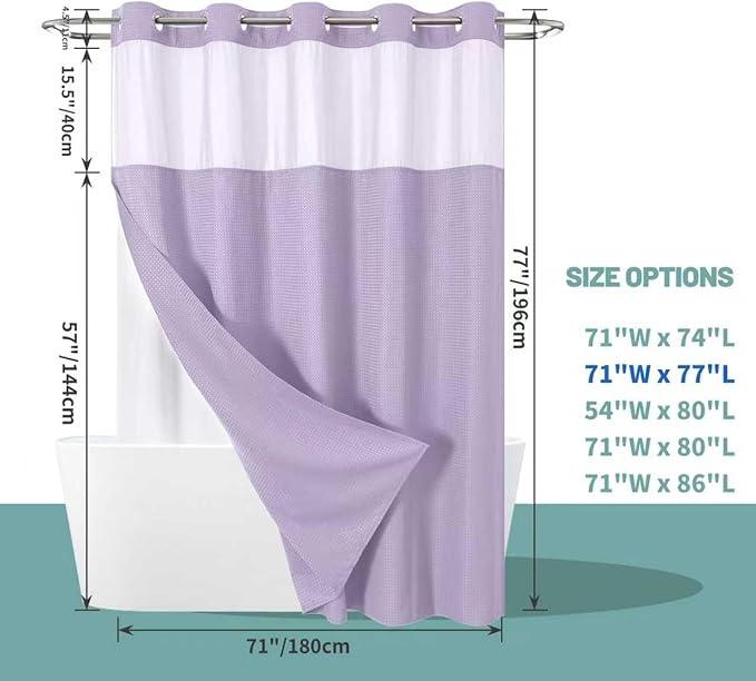 eachope Lavender No Hook Waffle Weave Shower Curtain with snap-in Liner Replacement, 230GSM Waterproof Fabric Hotel Shower Curtain Set for Bathroom, Through Mesh Top Window,71Wx77H - ModernBath