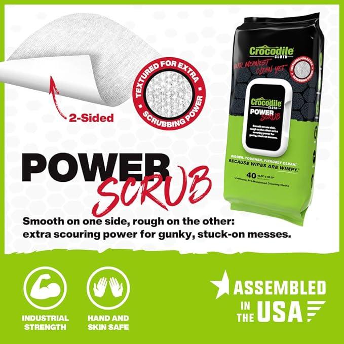 Crocodile Cloth PowerSCRUB - 40 (15" x 10") Heavy Duty Cleaning Wipes - Dual-Surface Cloths, Moist, Absorbent, & Disposable - Safe on Skin & Multiple Surfaces - ModernBath