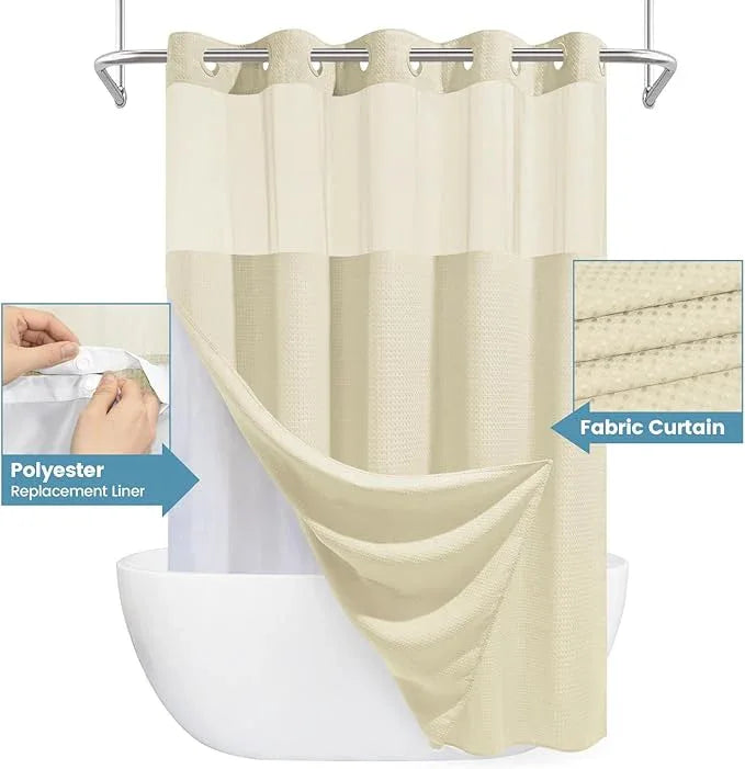 EUTXL Ivory Hotel Shower Curtain with Detachable Liner - 230GSM Waffle Textured,Hotel Grade,Spa Like Bath Curtain,71W x 74H - ModernBath