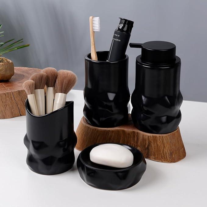 BosilunLife Modern Ceramic Bathroom Accessories Set, Bathroom Counter Set Matte Black Bathroom Decor Sets Accessories Bathroom Lotion Soap Dispenser, Toothbrush Holder Set, Soap Dish, Apothecary Jars - ModernBath