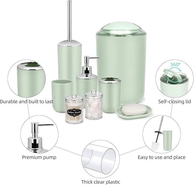 IMAVO Bathroom Accessories Set,Green Bathroom Set,9 Pieces Bathroom Accessory Set,Tray,Qtip Holders,Toilet Brush,Trash Can for Bathroom Décor and Home Gifts - ModernBath