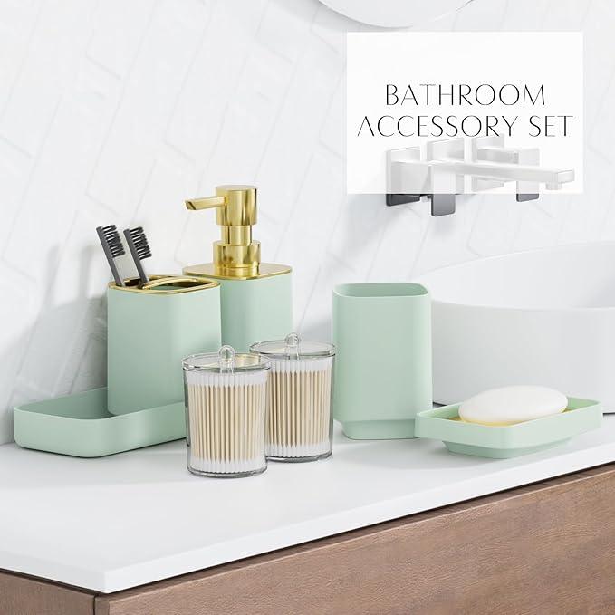 9PCS Bathroom Accessory Set, Green Bathroom Set with Large-Capacity 4 Gallon Trash Can, Bathroom Accessories Set Complete, Toothbrush Holder, Soap Dispenser, Toilet Brush, Bathroom Decor - ModernBath
