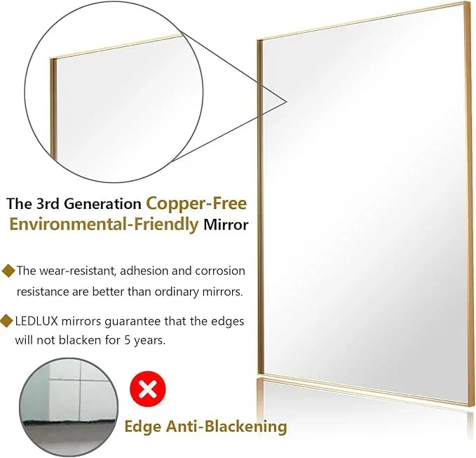 LEDLUX 30x30 Inch Gold Bathroom Mirror, Copper-Free Mirror, Aluminum Alloy Frame Vanity Mirror, Rectangle Wall Mounted Mirror, Modern Mirror for Bedroom/Living Room/Porch Horizontal or Vertical - ModernBath
