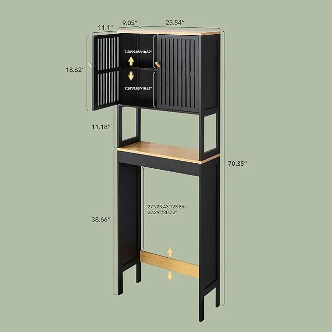 Over The Toilet Storage Cabinet with Breathable Bamboo Doors, 3-Tier Bathroom Organizer Above Toilet, Freestanding Space Saver Rack with Adjustable Bottom Bar & Shelf, 24" x 70", Black & Natural - ModernBath