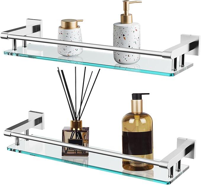 20 Inches Glass Shelf for Bathroom, Brushed Nickel Glass Shelves for Wall with Smooth Stainless Steel Railing, Modern Tempered Glass Organizer Shelf - ModernBath