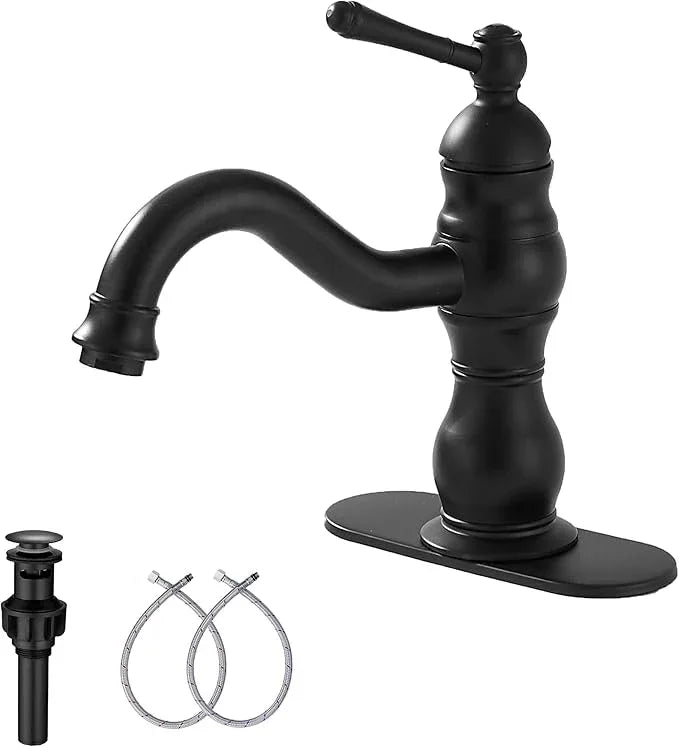 Matte Black Bathroom Faucet GGStudy 360° Swivel Bathroom Vanity Faucet Single Handle One Hole Black Bathroom Sink Faucet Basin Matching Pop Up Drain with Overflow - ModernBath