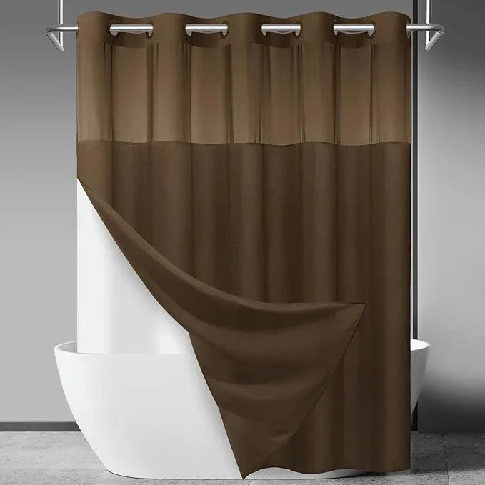 SORTTO No Hook Slub Textured Shower Curtain with Snap in Liner - Chocolate Fabric Outer Curtain & Waterproof Inner Liner, Hotel Style with See Through Top Window, 71x74 in - ModernBath