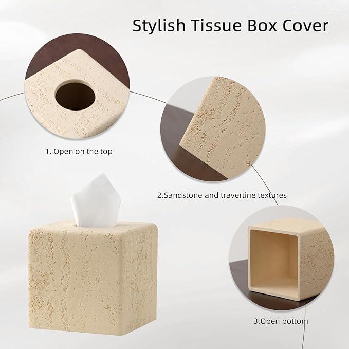 Haocoott Tissue Box Cover Square, Resin Facial Tissue Holder Covers Toilet Paper Holder Decorative Travertine Paper Dispenser Home Decor for Bathroom Bedroom Living Room Office (Square Yellow) - ModernBath
