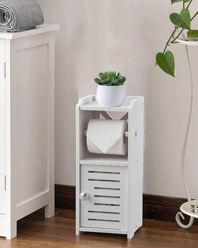 AOJEZOR Toilet Paper Holder Stand: Free Standing PVC Bathroom Cabinet - Small Bathroom Storage for Apartment Dwellers - White - ModernBath