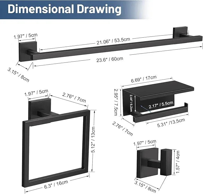 TURS 5-Pieces Matte Black Bathroom Hardware Accessories Set 23.6" Towel Bar Set Wall Mounted Square Toilet Paper Holder with Shelf Stainless Steel - ModernBath