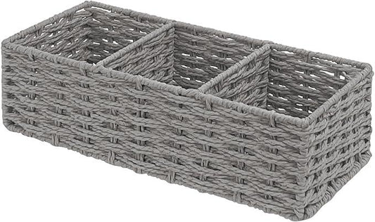 EITMOW Seagrass Wicker Basket for Toilet Tank Top, 3-Compartment Handwoven Bathroom Organizer for Toilet Paper, Pads, and Accessories (1, Gray) - ModernBath
