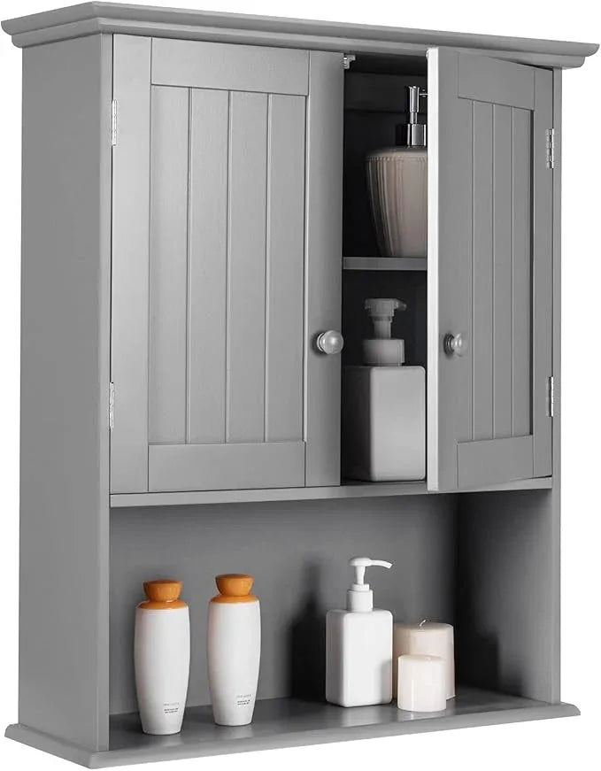 Tangkula Wall Mount Bathroom Cabinet Wooden Medicine Cabinet Storage Organizer with 2-Doors and 1-Shelf Cottage Collection Wall Cabinet (Grey) - ModernBath
