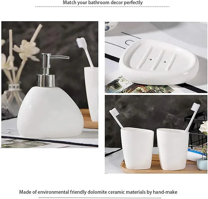 BLBYHO White Ceramic Bathroom Accessory Set, Bathroom Vanity Countertop Set, Bathroom Soap Dispenser and Toothbrush Holder Set Complete, 2 Tumbler Cup, Soap Dish, 5 Pieces - ModernBath